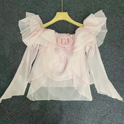 Rosette Off-Shoulder Ruffle Blouse