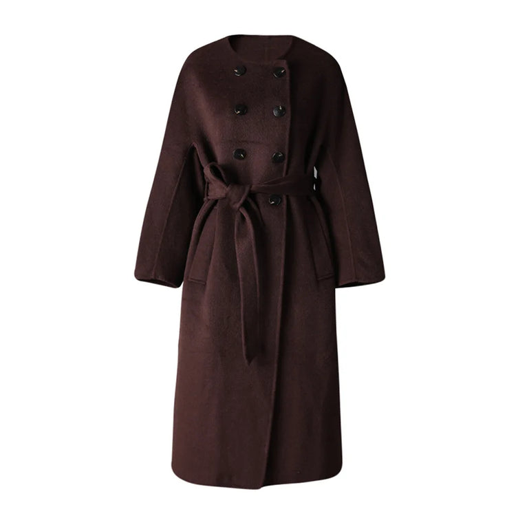 Round-Neck Tie-Waist Long Coat