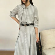 TWOTWINSTYLE Fashion Striped Two Piece Sets for Women Round Neck Long Sleeves Top High Waist Spliced Folds Skirt Set Female New