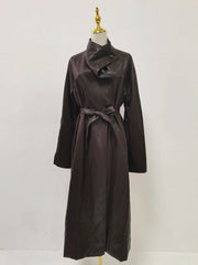 Asymmetric-Collar Tie-Waist Trench Coat