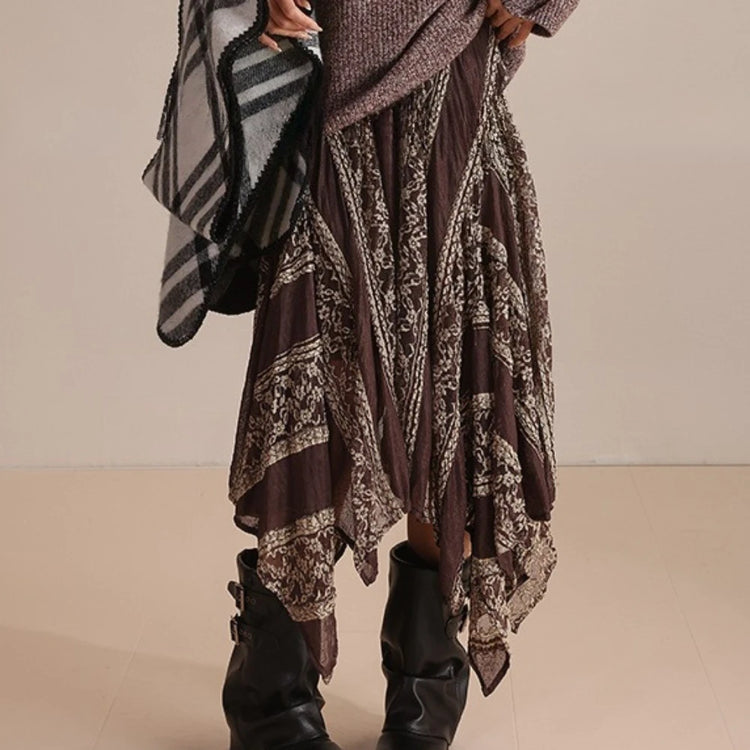 Lace-Panel Asymmetric Midi Skirt