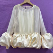 Sheer-Panel Balloon-Hem Blouse