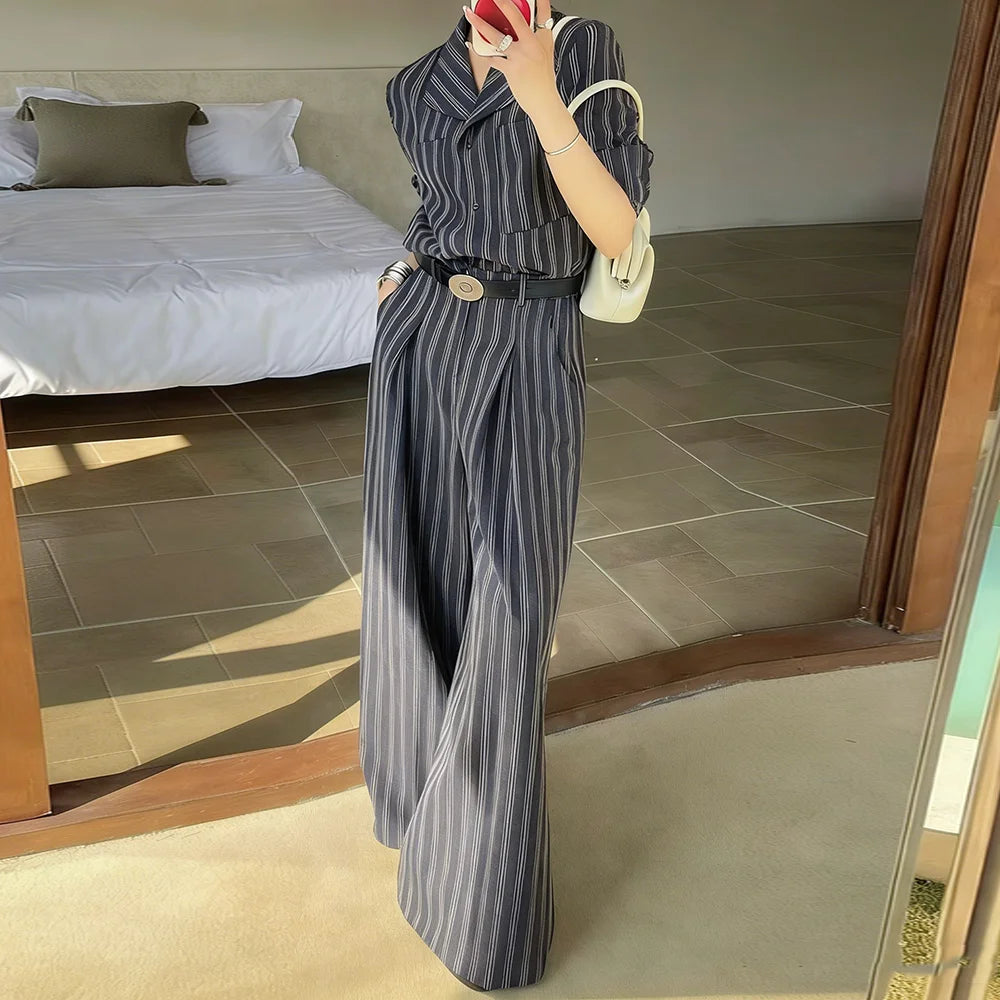 TWOTWINSTYLE Casual Striped Two Piece Set for Women Lapel Long Sleeves Spliced Pockets Top High Waist Wide Leg Pant Sets Female