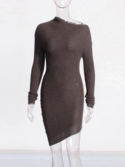 Asymmetric-Neck Long-Sleeve Mini Dress
