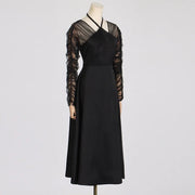 Sheer-Sleeve Halter Flared Dress