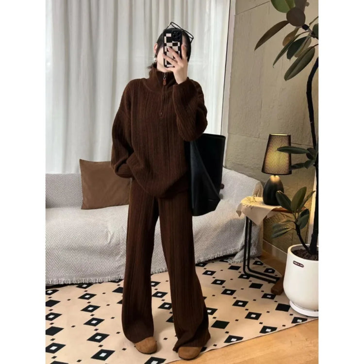 TWOTWINSTYLE Beige Spliced Zipper Two Piece Set Female Turtleneck Long Sleeve Coat Basics Women's Trousers Sets Clothing Style