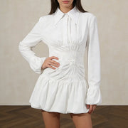 Ruched-Waist Bubble-Hem Shirt Dress