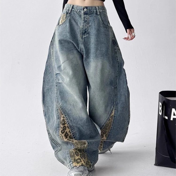 Leopard-Panel Barrel-Leg Jeans