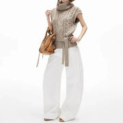Curved-Seam Wide-Leg White Pants