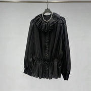 Sheer Ruffle-Collar Peplum Blouse