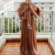 Draped Balloon-Sleeve Long Dress