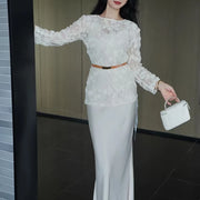 TWOTWINSTYLE Solid Spliced Flower Two Piece Set Female O Neck Long Sleeve Perspective Sweet Shirt Women's Skirt Set Summer New