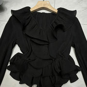 Ruffled V-Neck Cropped Blouse