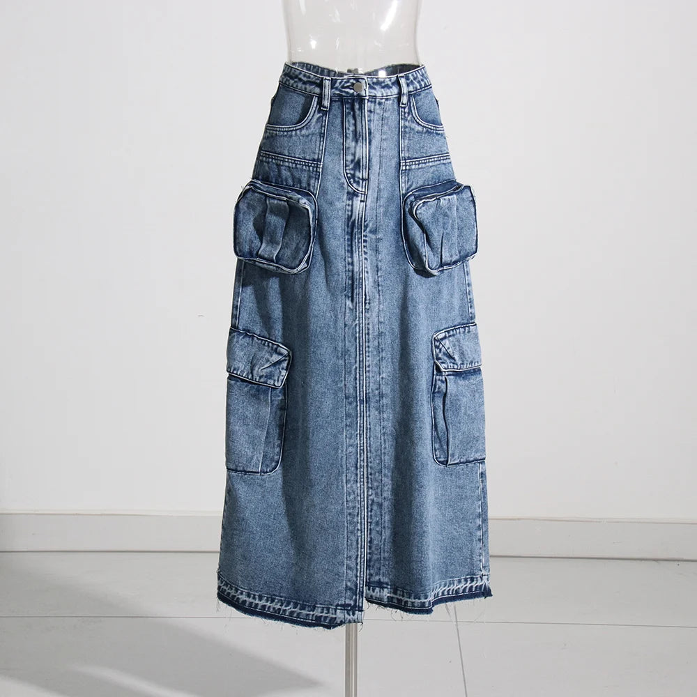 Cargo-Pocket Split-Front Long Skirt