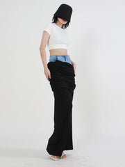 Contrast-Waist Ruched Long Skirt