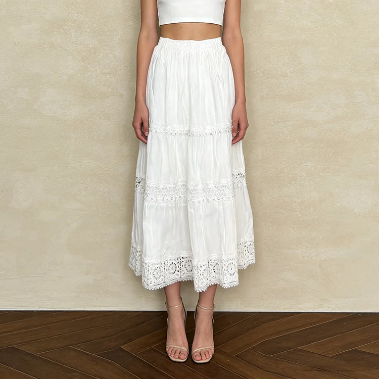 Lace-Trim Tiered Midi Skirt