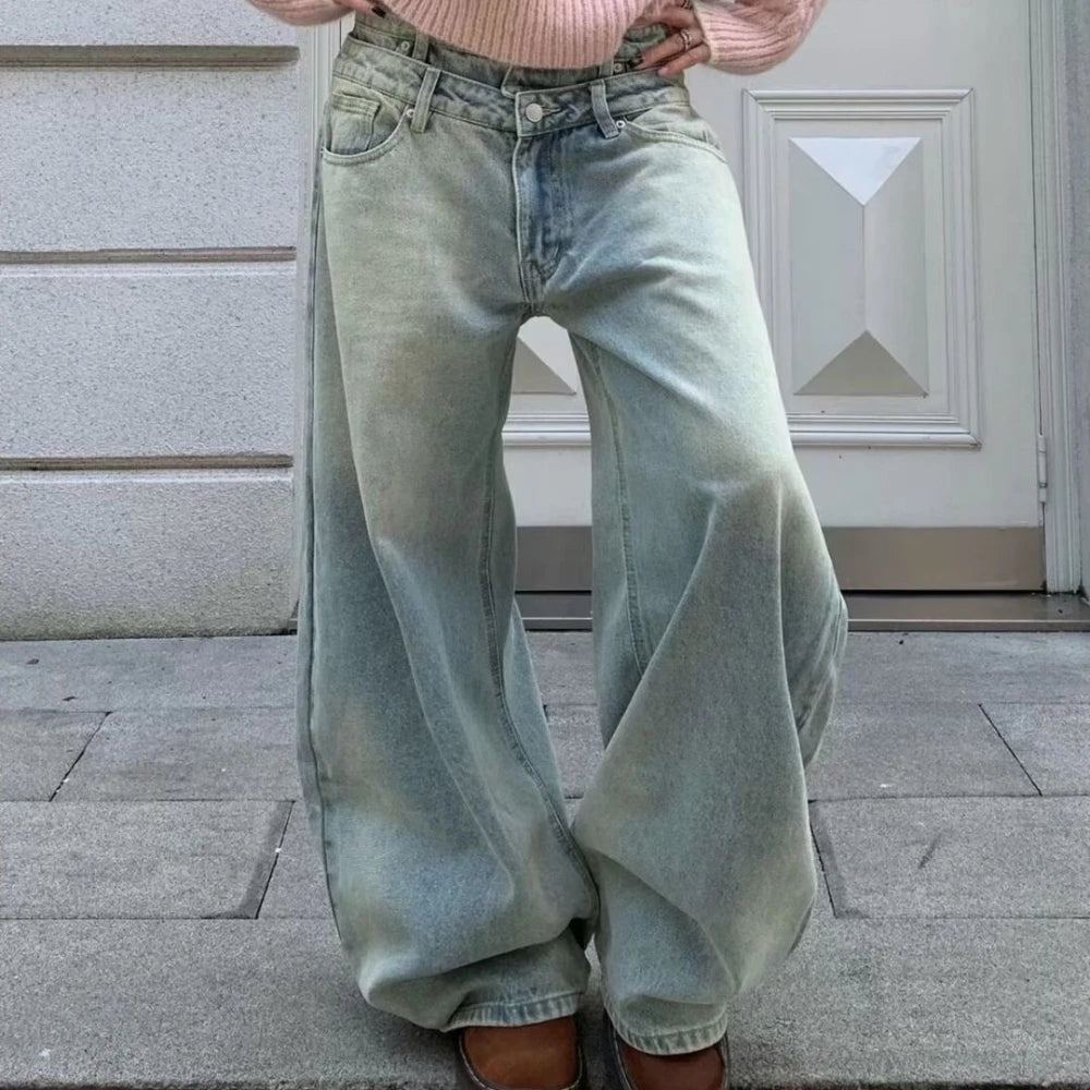 Layered-Waist Wide-Leg Jeans