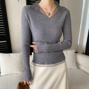 Ribbed Sheer-Collar Top