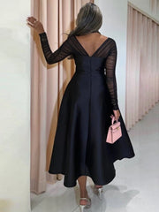 Sheer-Sleeve Halter Flared Dress