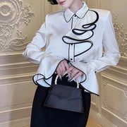 Contrast Ruffle Button-Up Blouse