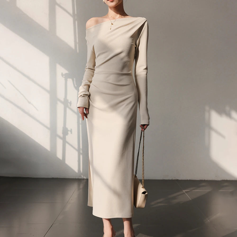 Asymmetric-Neck Long-Sleeve Midi Dress