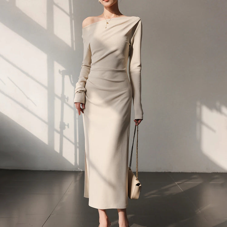 Asymmetric-Neck Long-Sleeve Midi Dress