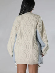 Cable-Textured Contrast-Sleeve Sweater