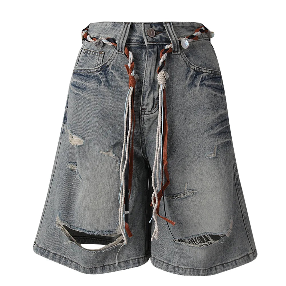 Distressed Wide-Leg Long Shorts
