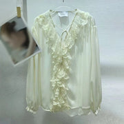 Lace-Trim Tie-Neck Blouse