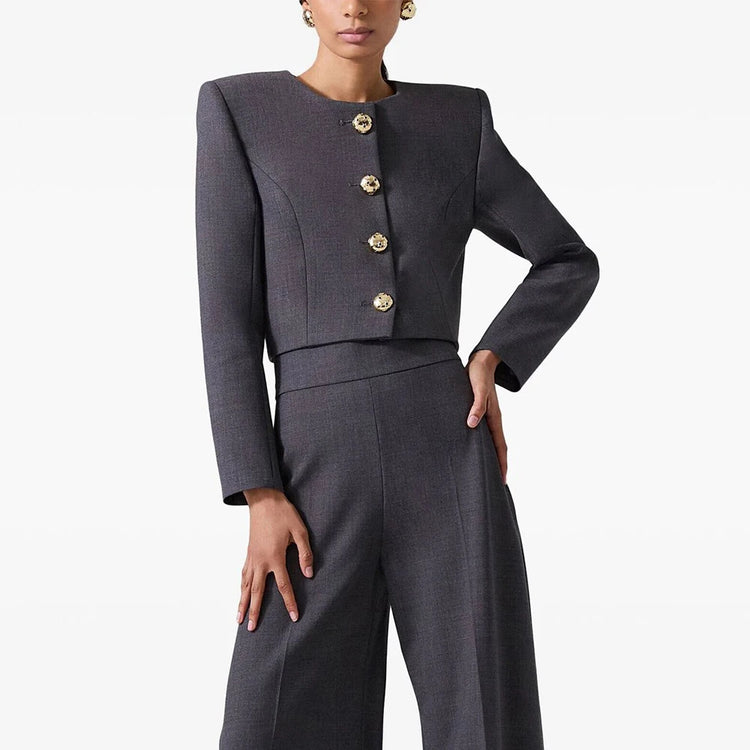Round-Neck Cropped Button-Front Jacket