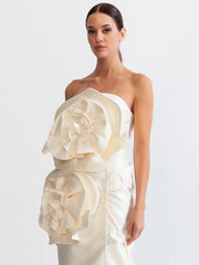 Oversized-Rosette Strapless Midi Dress