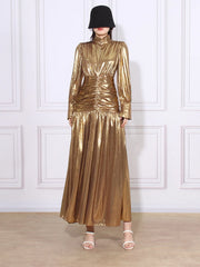Ruched-Waist Long-Sleeve Long Dress
