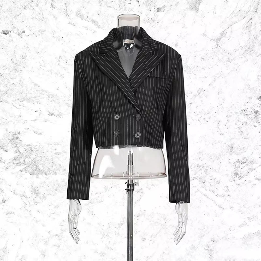 Pinstriped Cropped Double-Breasted Jacket