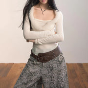TWOTWINSTYLE Solid Two Piece Set Female Square Collar Long Sleeve T Shirt Vintage Korean Women's Spliced Fur Scarf Fashion Set
