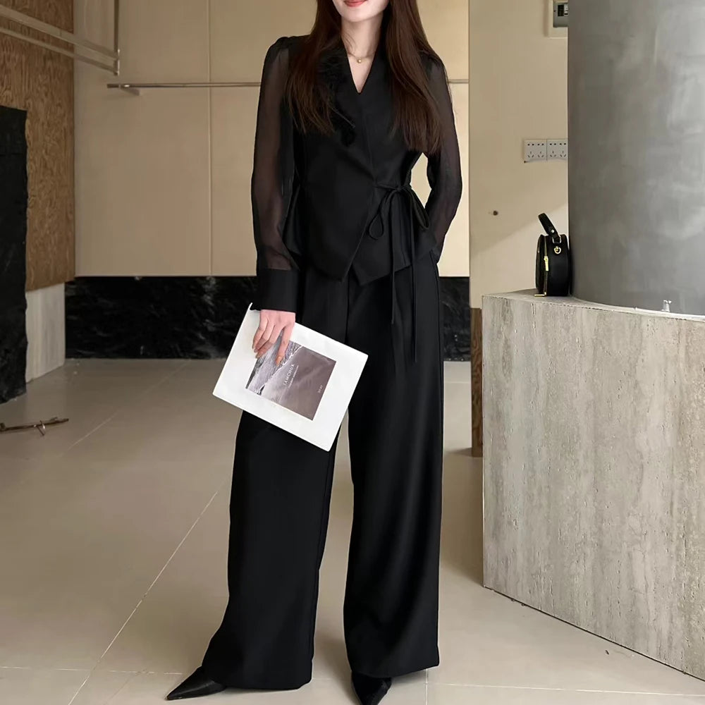 TWOTWINSTYLE Solid Spliced Lace Up Two Piece Set Female V Neck Long Sleeve Jacket Temperament Women's Trousers Set Fashion New