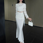 TWOTWINSTYLE Solid Spliced Flower Two Piece Set Female O Neck Long Sleeve Perspective Sweet Shirt Women's Skirt Set Summer New