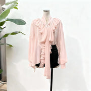 Ruffle-Front Bow-Neck Blouse