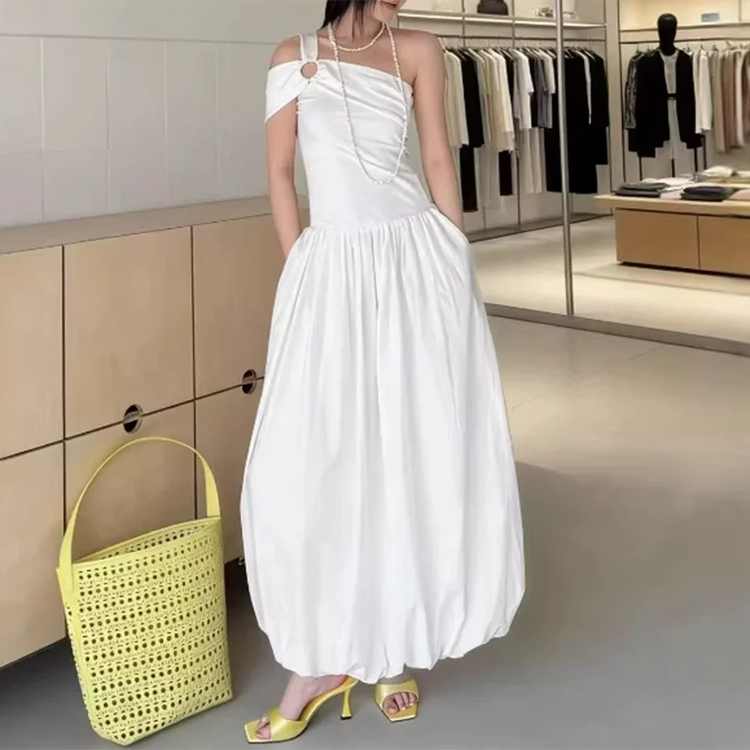 Asymmetric-Neck Balloon-Hem Dress