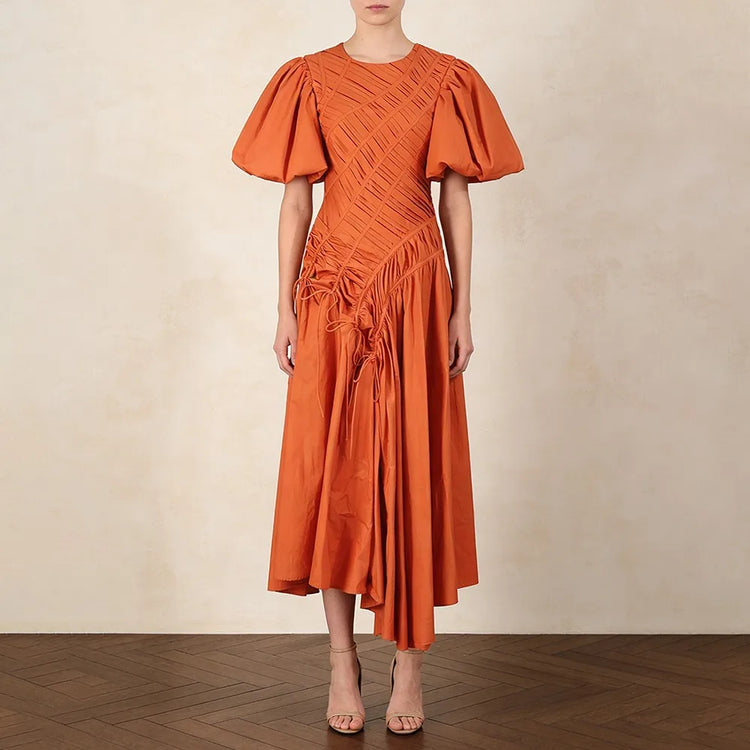 Ruched Puff-Sleeve Midi Dress