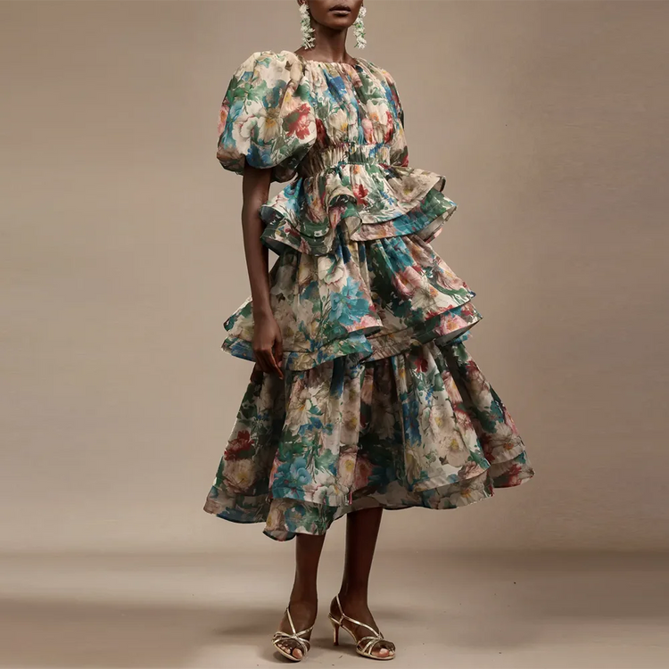 Floral Puff-Sleeve Tiered Dress