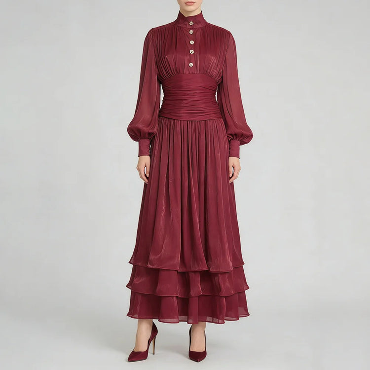 Ruched-Waist Tiered Long Dress