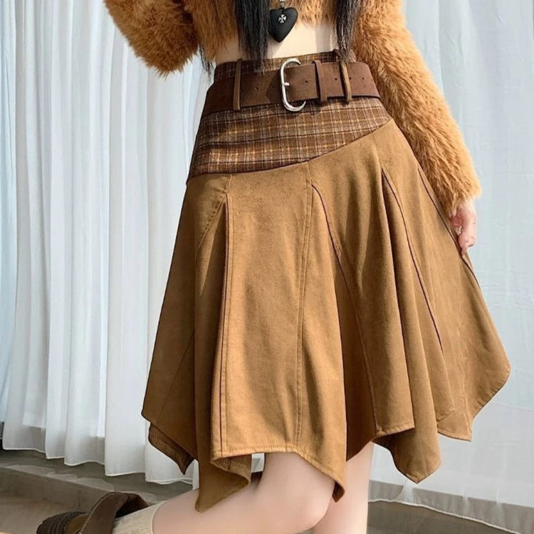 Contrast-Waist Asymmetric Pleated Skirt