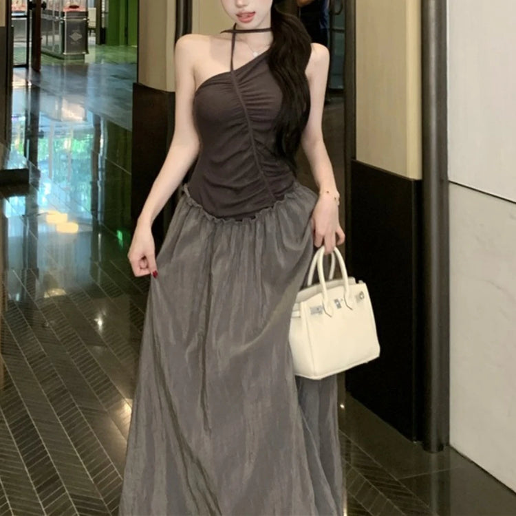 Asymmetric-Neck Ruched Colorblock Dress