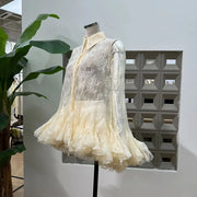 Sheer Lace Ruffle-Hem Shirt Dress