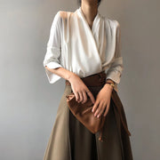 Draped V-Neck Long-Sleeve Blouse