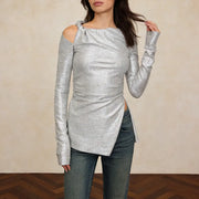 Cutout-Shoulder Asymmetric Long-Sleeve Top