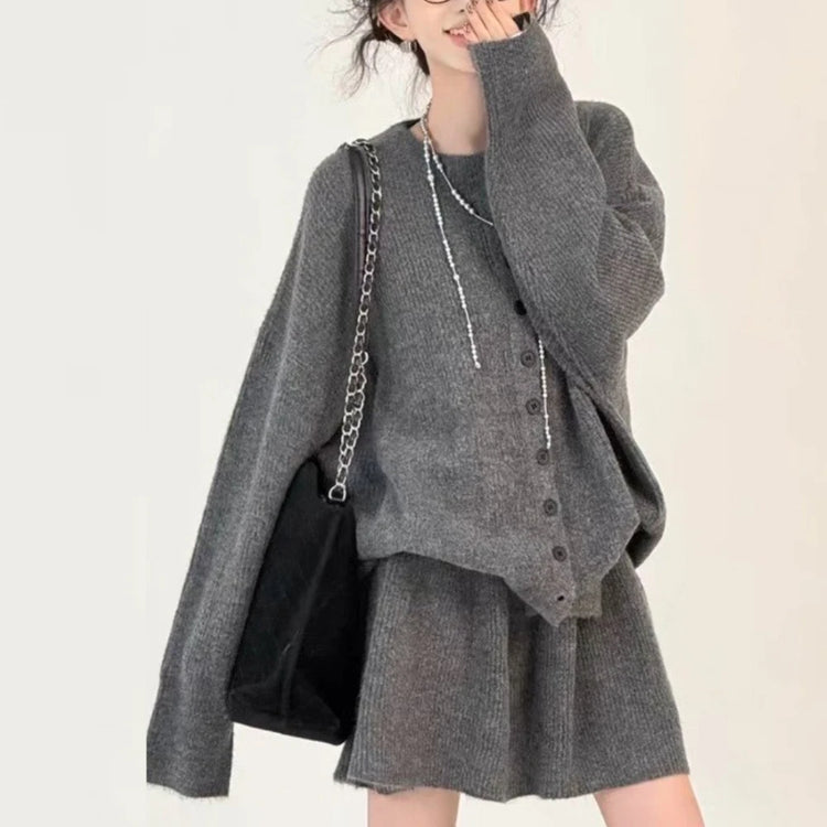 TWOTWINSTYLE Solid Spliced Buttons Two Piece Set Female O Neck Long Sleeve Sweater Korean Sweet Women's Skirt Set Autumn Fashion