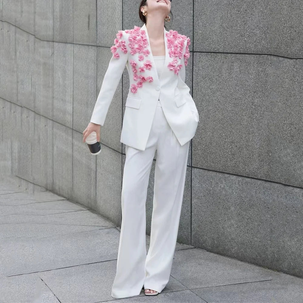 Floral Blazer and Wide-Leg Pants Set