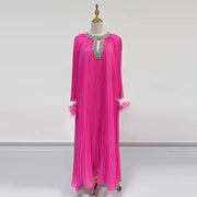 Embellished-Neck Pleated Long Dress
