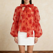 Floral Tie-Neck Sheer Blouse